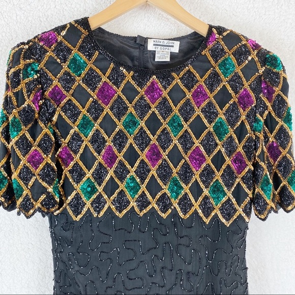 VINTAGE 100% Silk Beaded Sequin Midi Dress Small - Picture 3 of 8